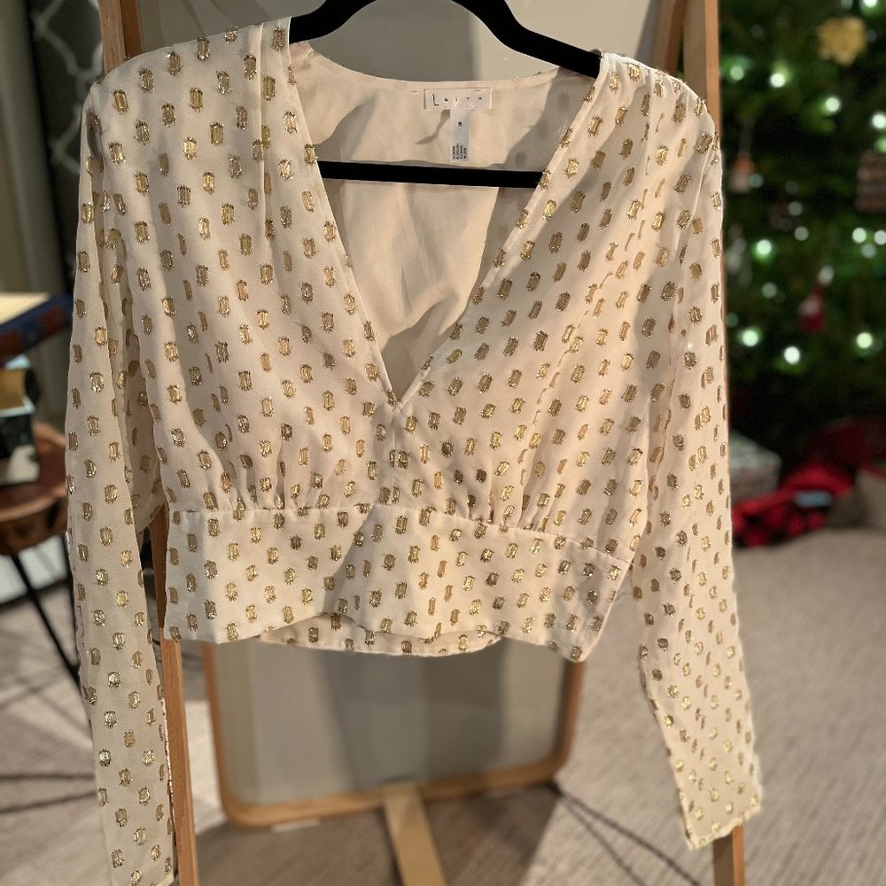 Leith White Long Sleeved Crop Top V-Neck with Gold Flecks